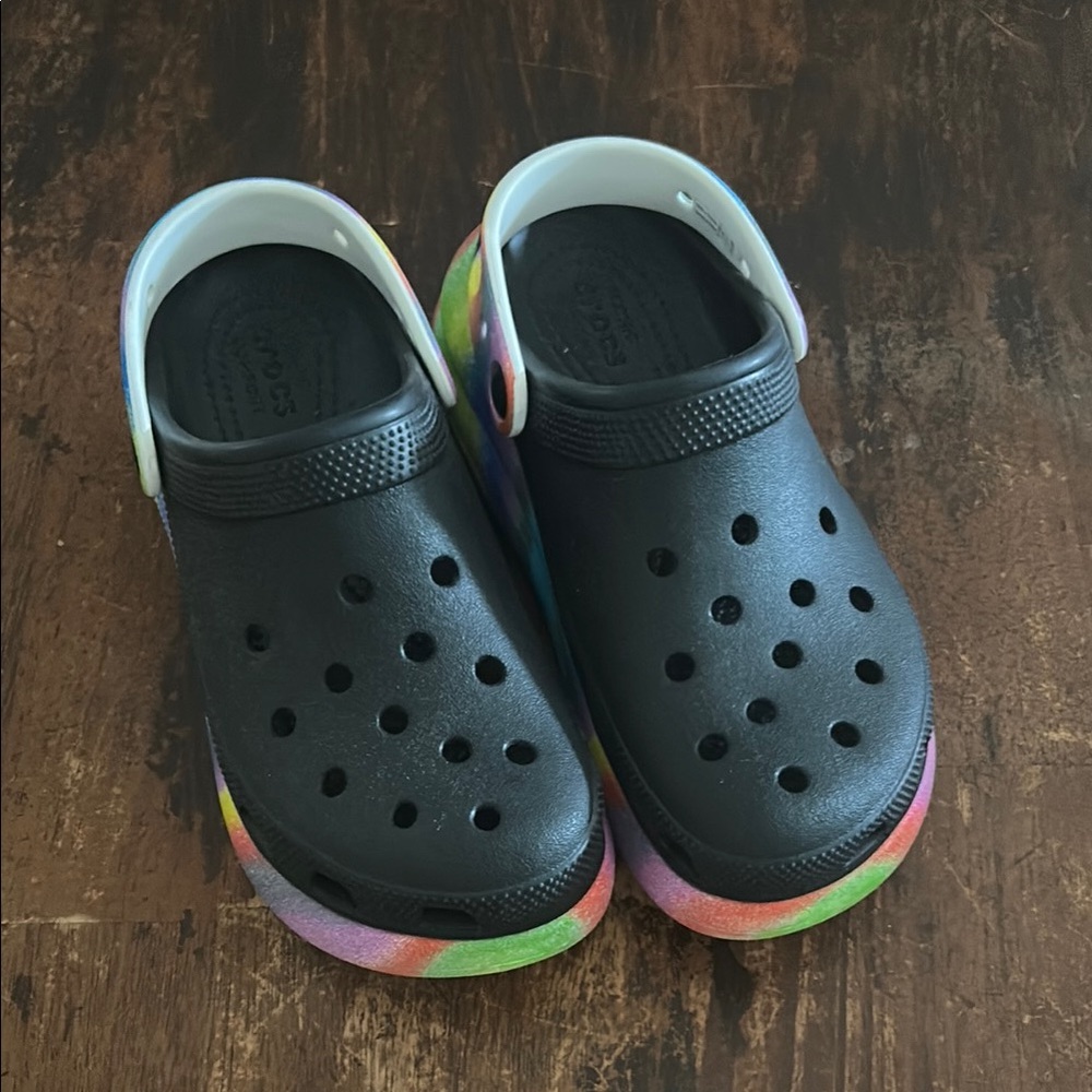 CROCS Black and Rainbow Colored Crush Platform Sandals